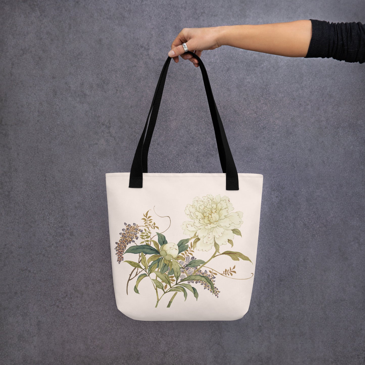 The Spirit of Flowers in Twelve Months｜Chinese Peony and Wisteria in Bloom｜Tote bag｜Fish belly white