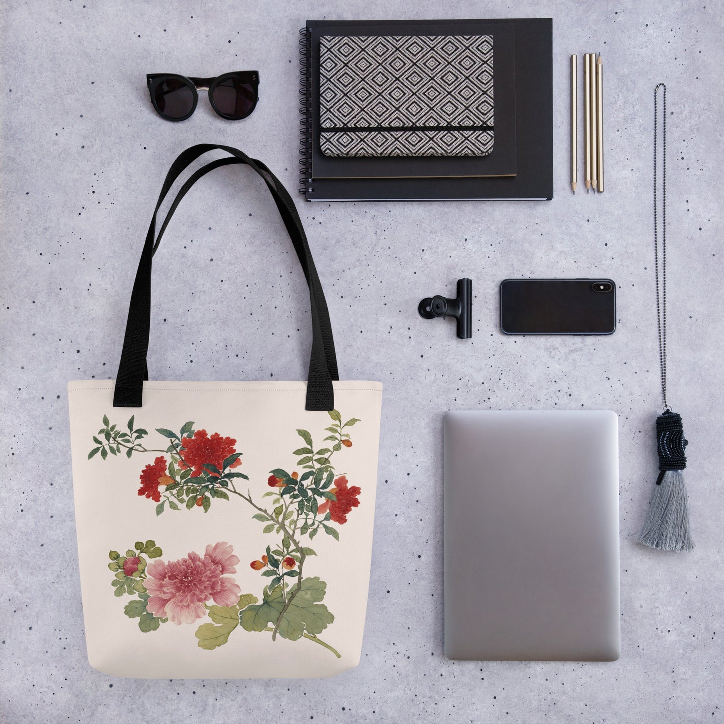 The Spirit of Flowers in Twelve Months｜Hollyhock and Pomegranate in Bloom｜Tote bag｜Fish belly white