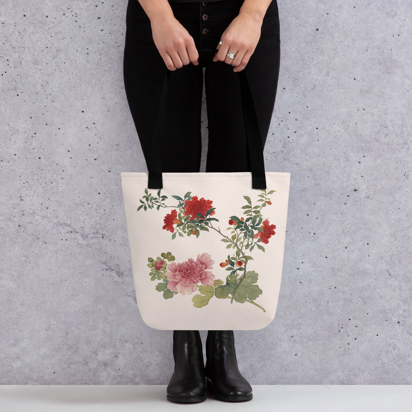 The Spirit of Flowers in Twelve Months｜Hollyhock and Pomegranate in Bloom｜Tote bag｜Fish belly white