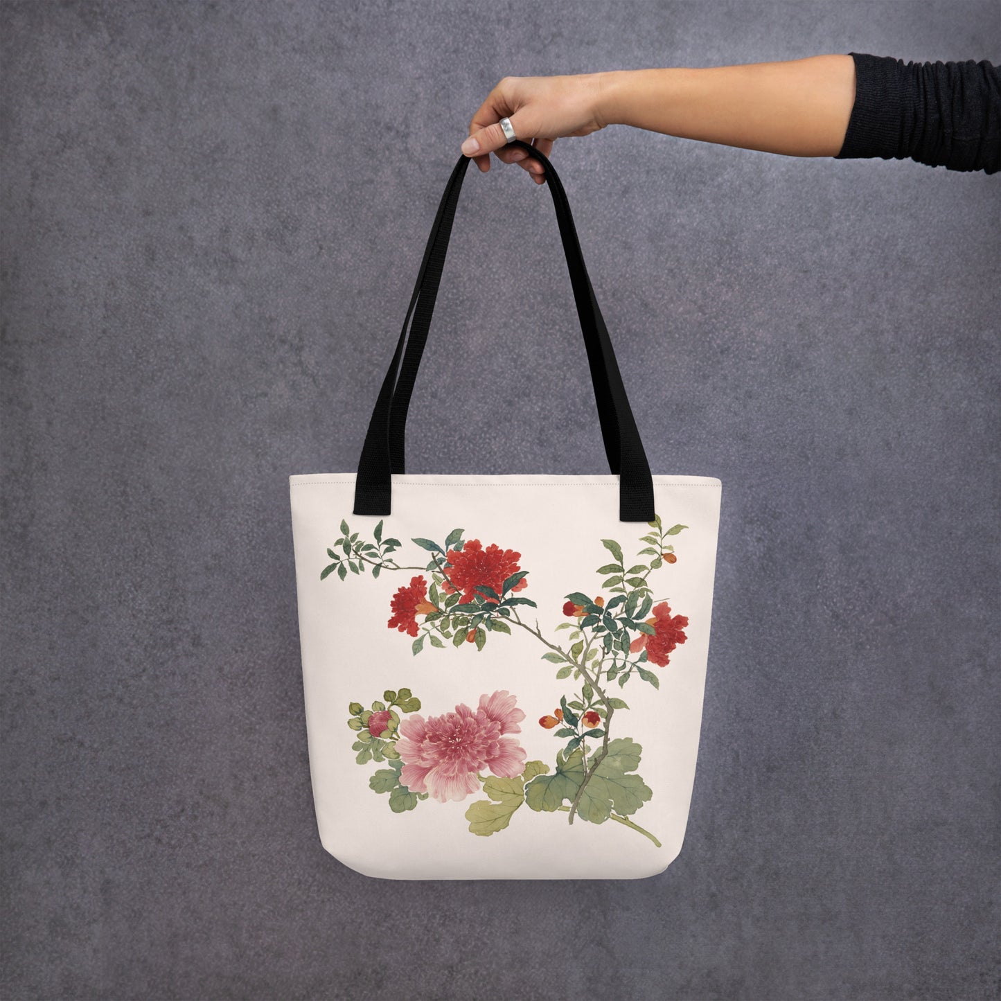 The Spirit of Flowers in Twelve Months｜Hollyhock and Pomegranate in Bloom｜Tote bag｜Fish belly white