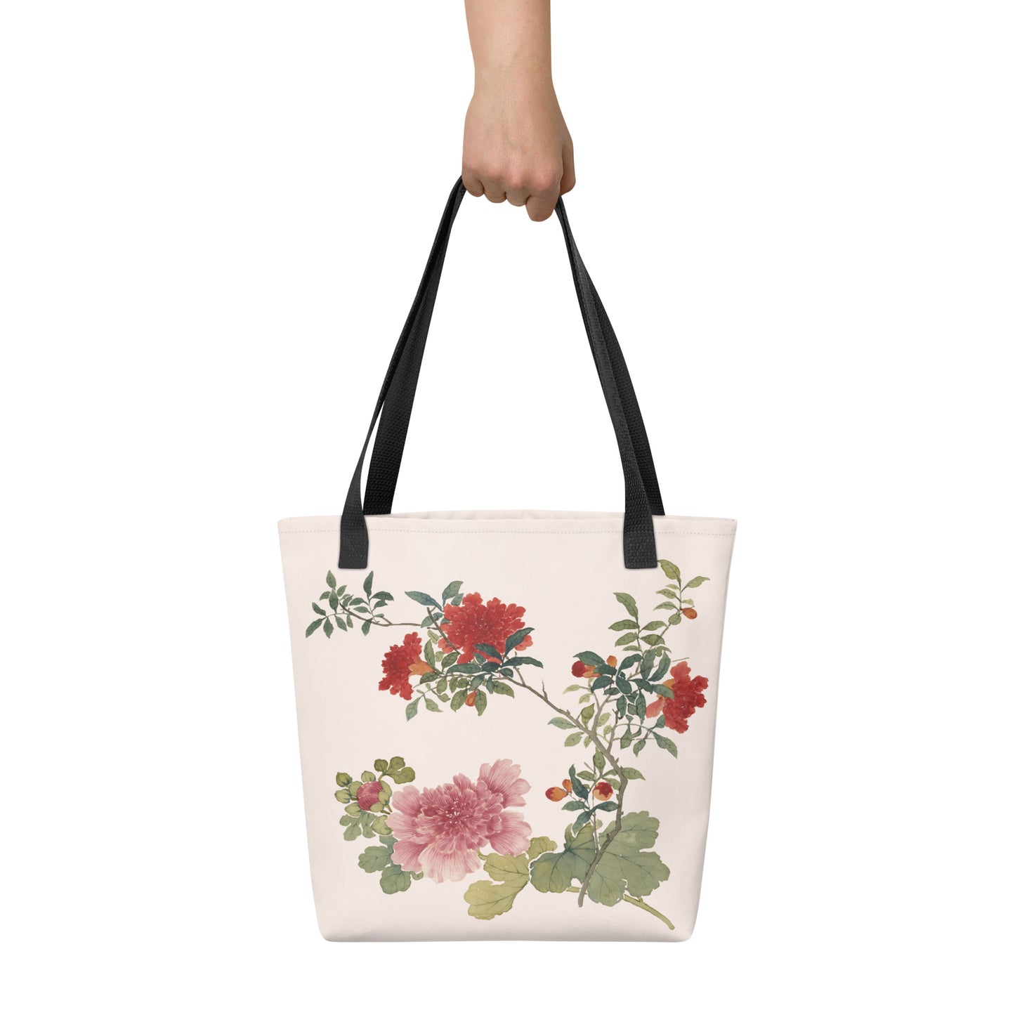 The Spirit of Flowers in Twelve Months｜Hollyhock and Pomegranate in Bloom｜Tote bag｜Fish belly white