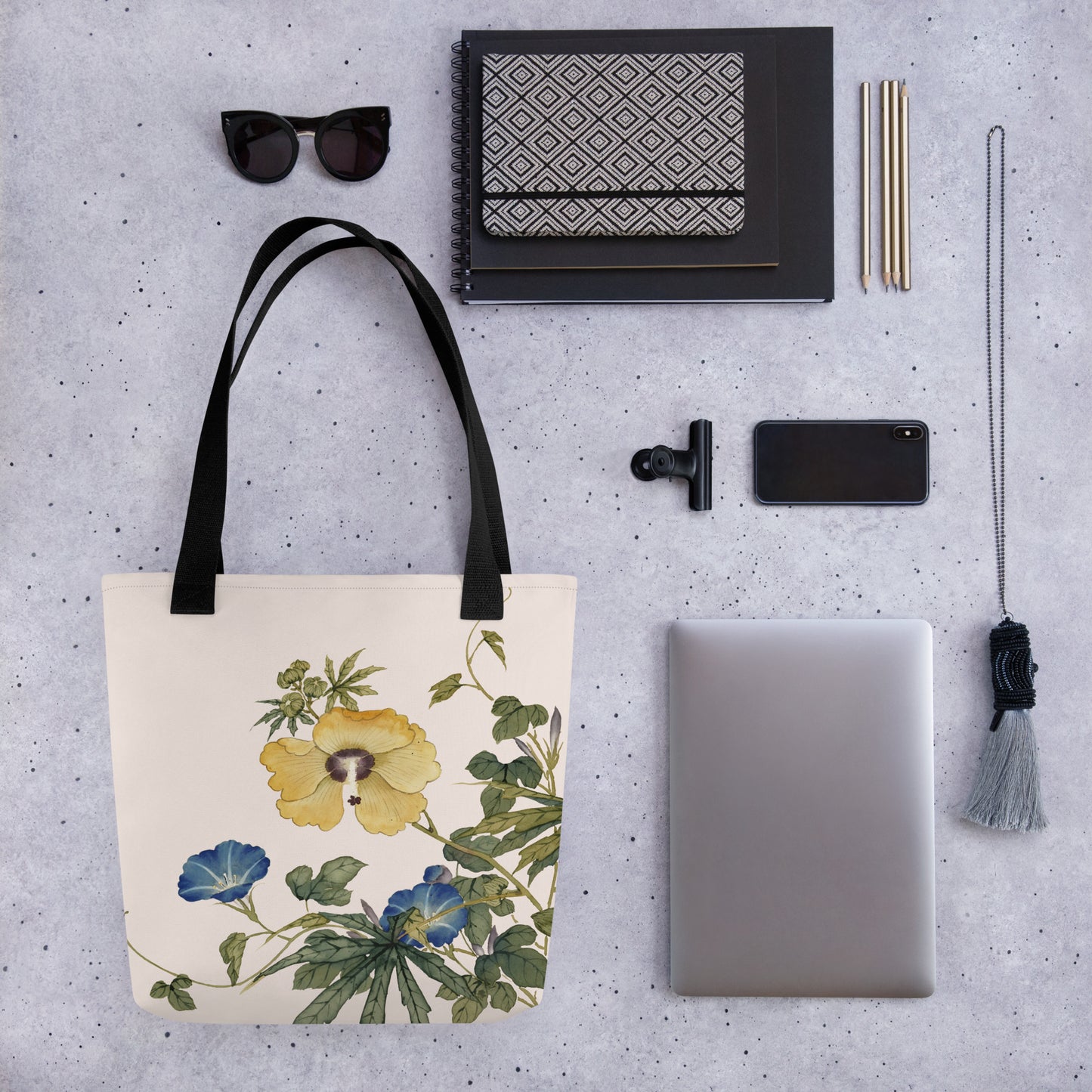 The Spirit of Flowers in Twelve Months｜Okra and White-edged Morning Glory in Bloom｜Tote bag｜Fish belly white