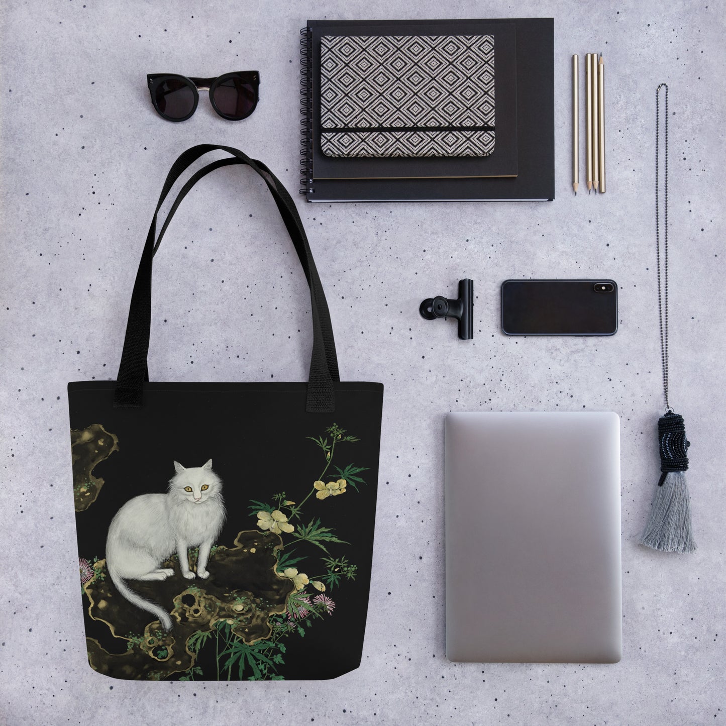 Cats And Butterflies Of Longevity｜A Cat amidst the Blooming Chrysanthemum and Okra｜Tote bag