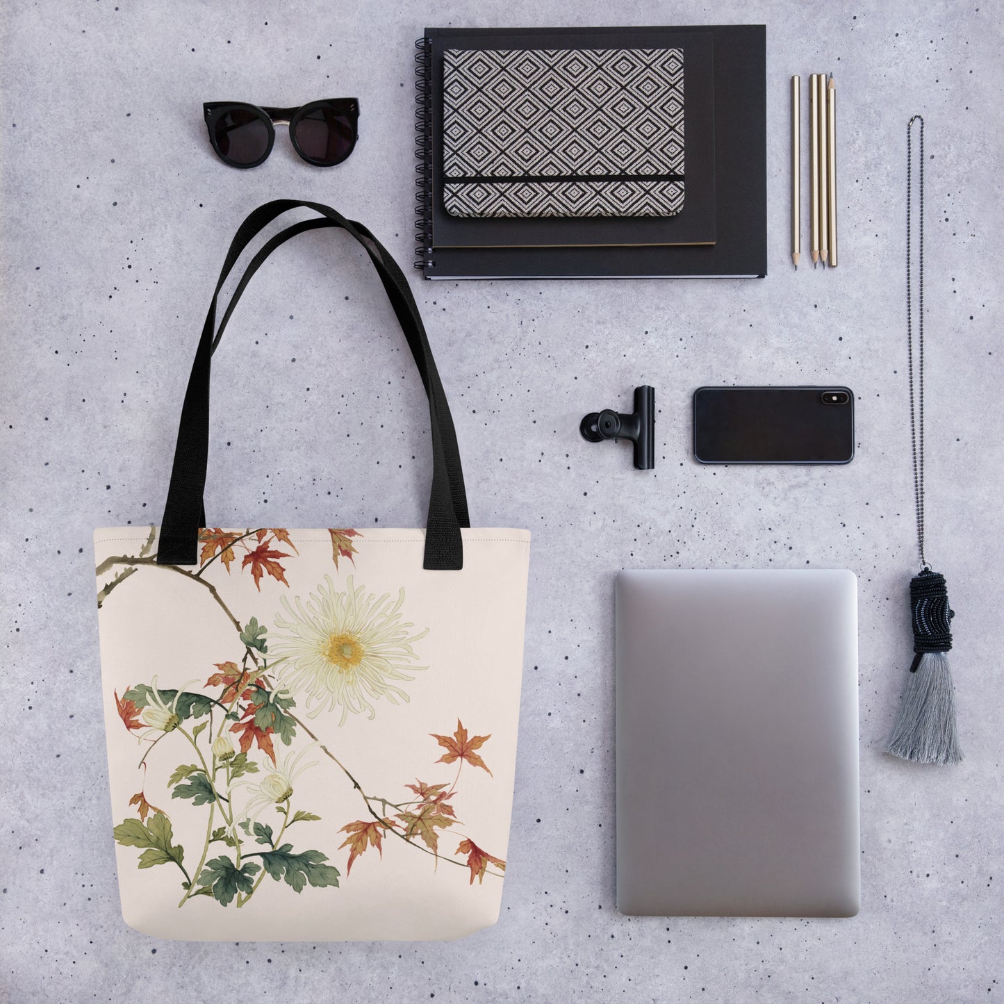 The Spirit of Flowers in Twelve Months｜Blooming Chrysanthemum and Maple Leaves｜Tote bag｜Fish belly white