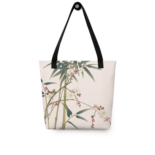 The Spirit of Flowers in Twelve Months｜Crimson Plum Blossom and Lush Green Bamboo｜Tote bag｜Fish belly white