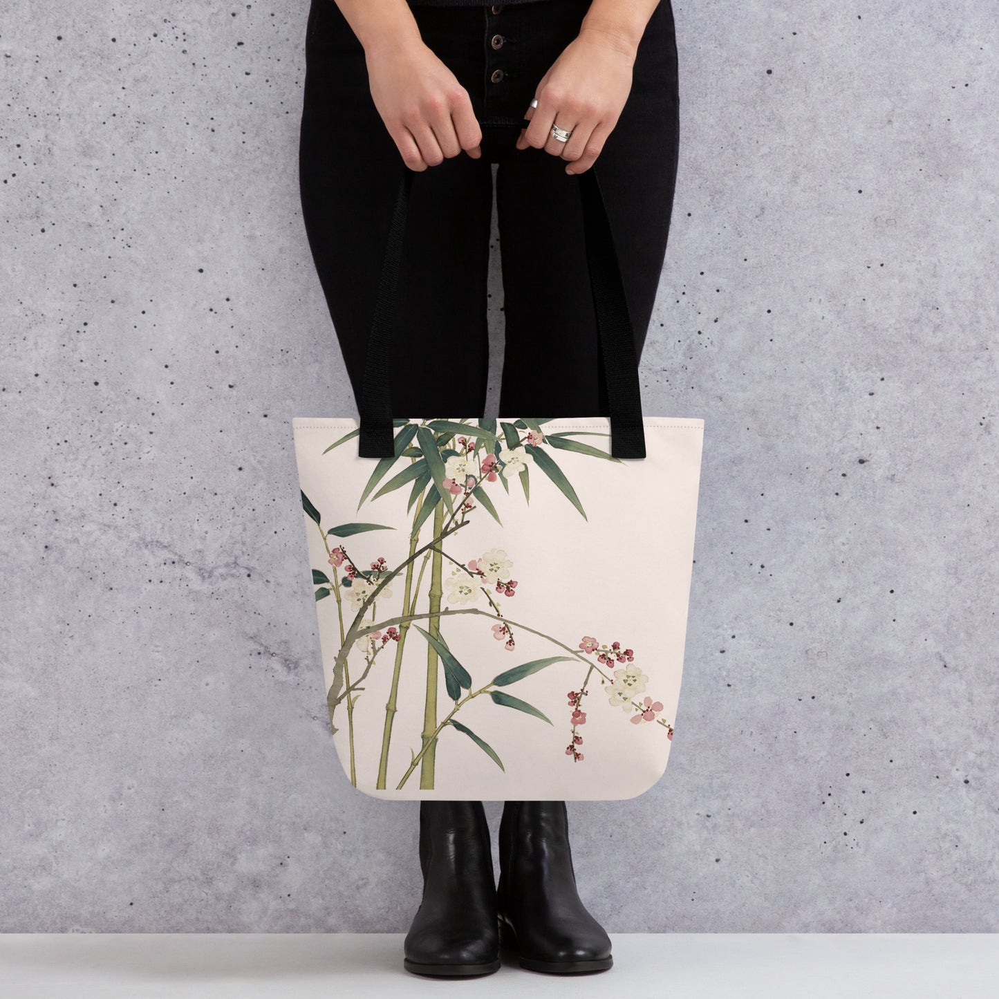 The Spirit of Flowers in Twelve Months｜Crimson Plum Blossom and Lush Green Bamboo｜Tote bag｜Fish belly white