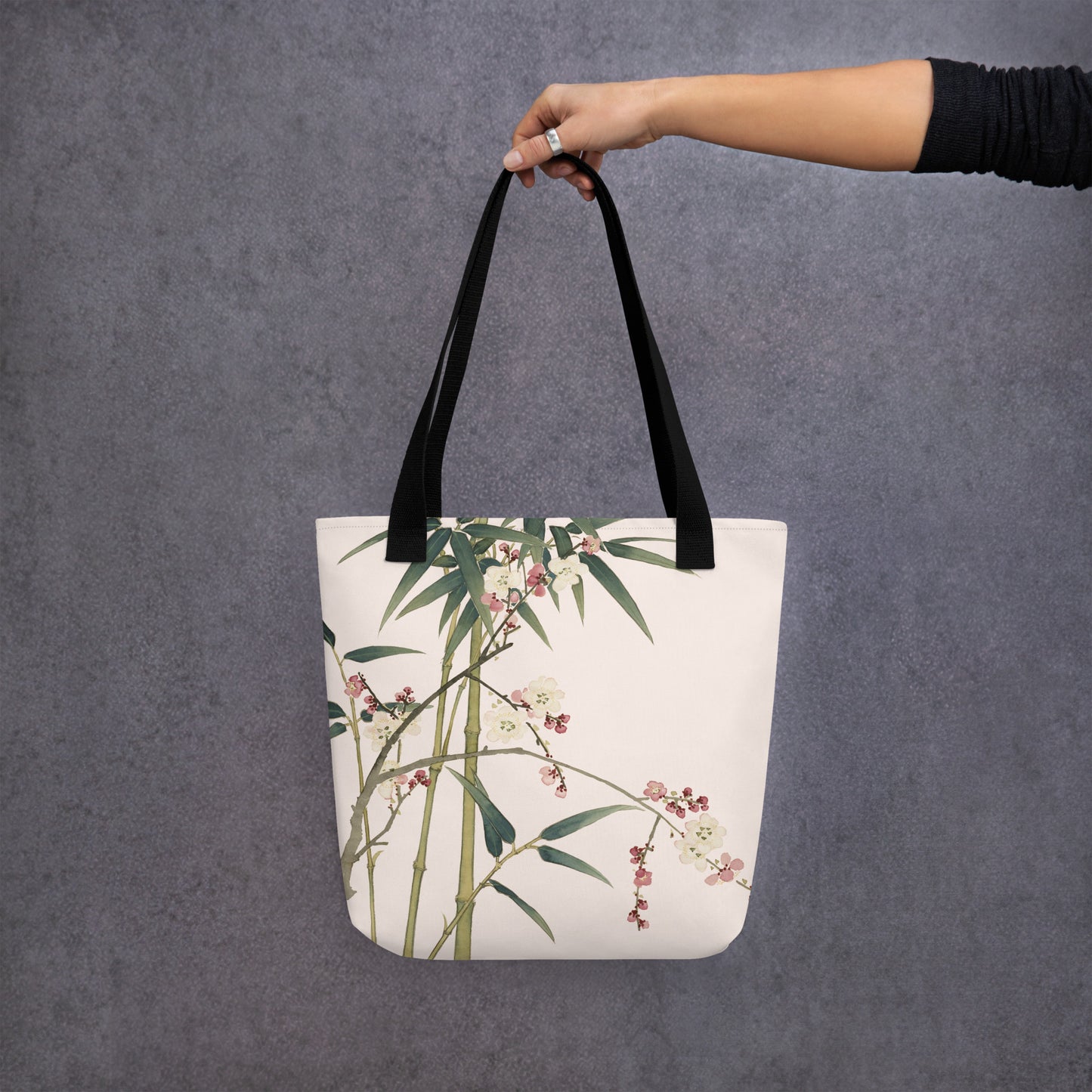 The Spirit of Flowers in Twelve Months｜Crimson Plum Blossom and Lush Green Bamboo｜Tote bag｜Fish belly white