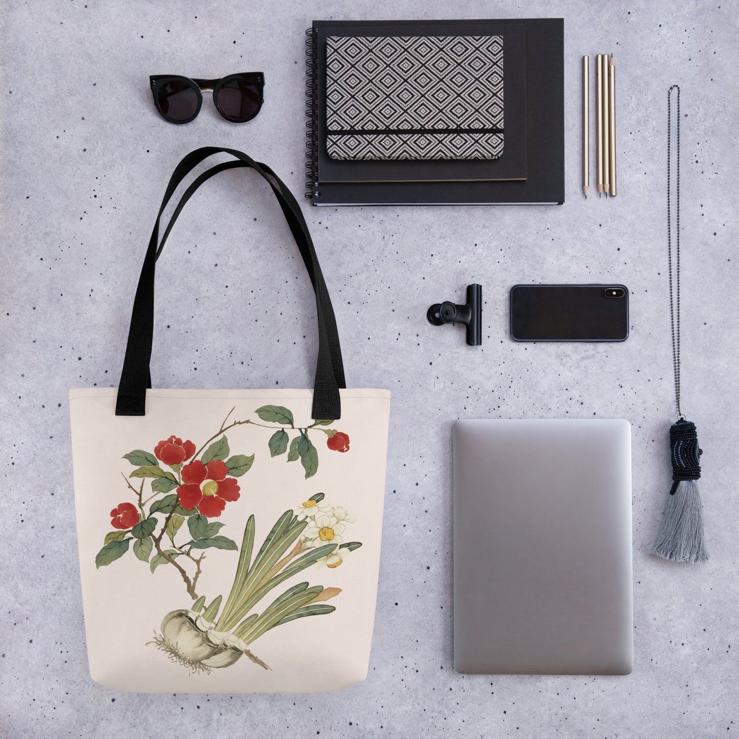 The Spirit of Flowers in Twelve Months｜Narcissus and Camelia in Bloom｜Tote bag｜Fish belly white