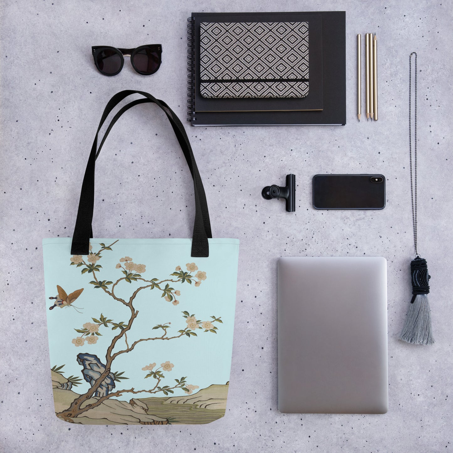 Kesi Flower Album｜Plum Blossoms and Butterfly｜Tote bag｜Aqua blue