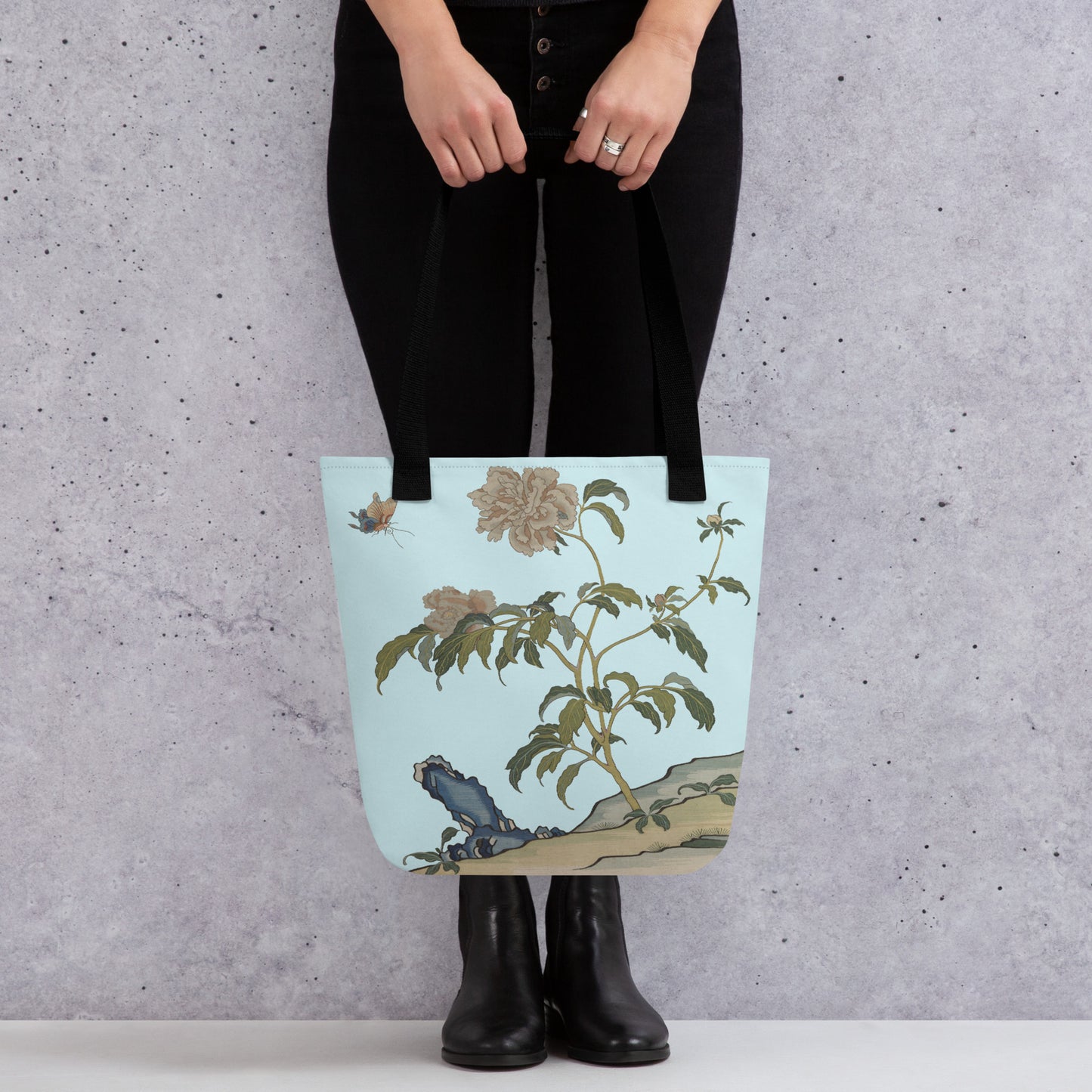 Kesi Flower Album｜Peonies and Butterfly｜Tote bag｜Aqua blue