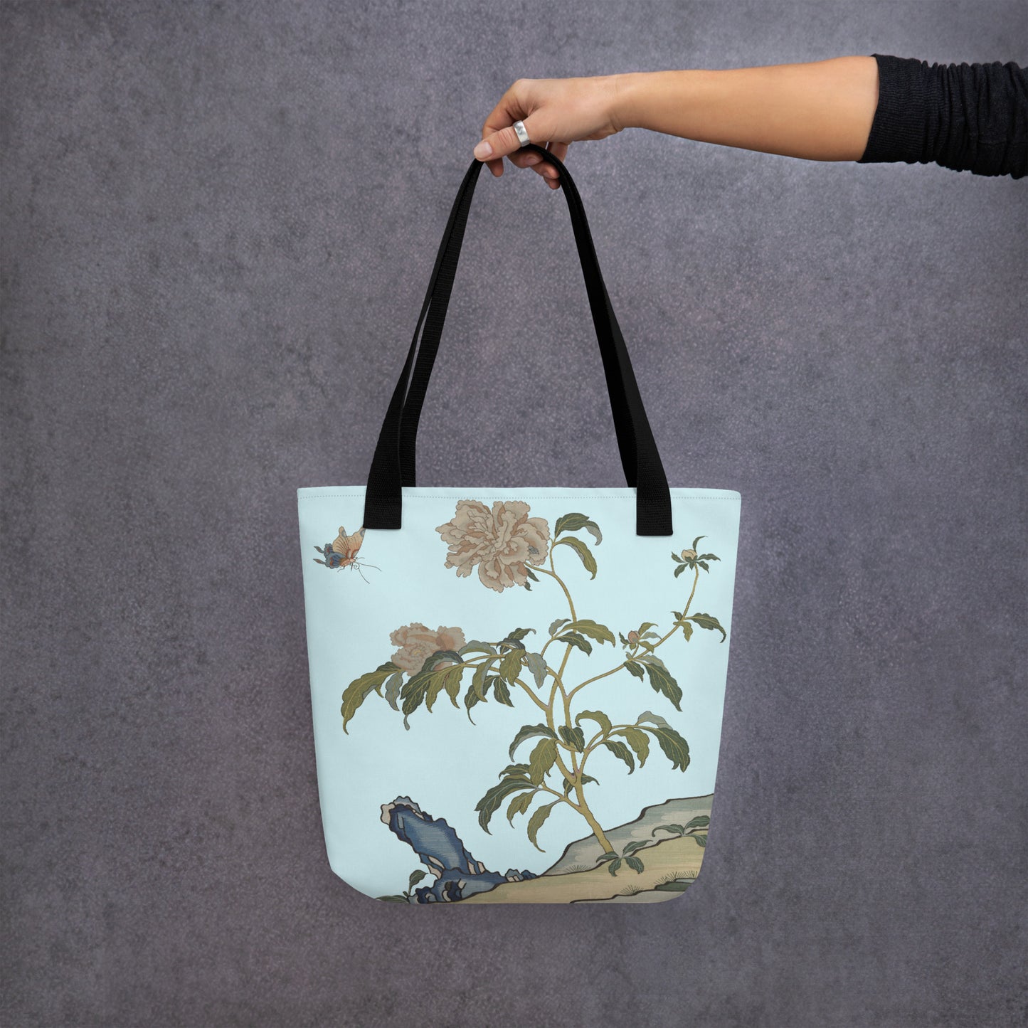 Kesi Flower Album｜Peonies and Butterfly｜Tote bag｜Aqua blue