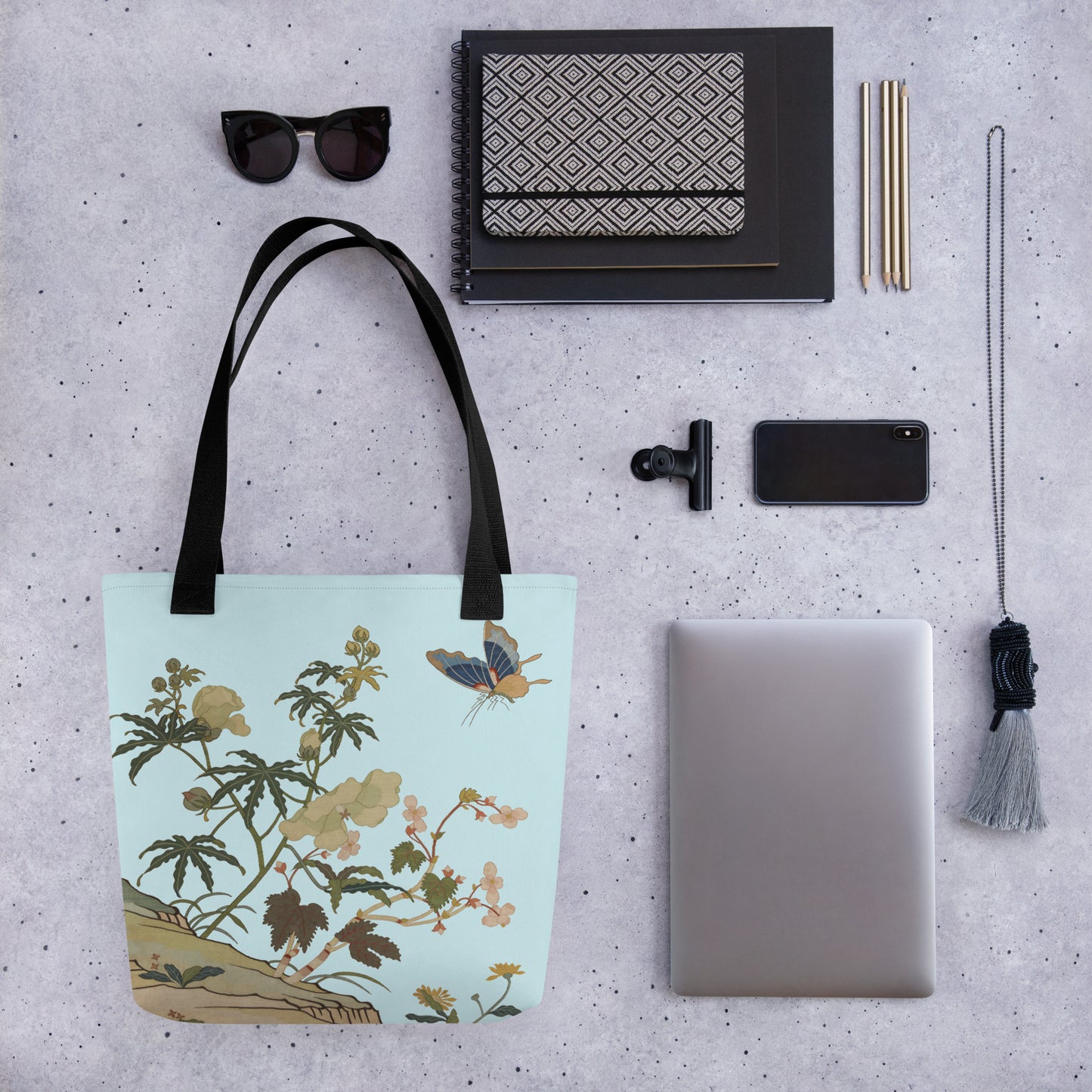 Kesi Flower Album｜Hibiscus and Begonia Blossoms｜Tote bag｜Aqua blue