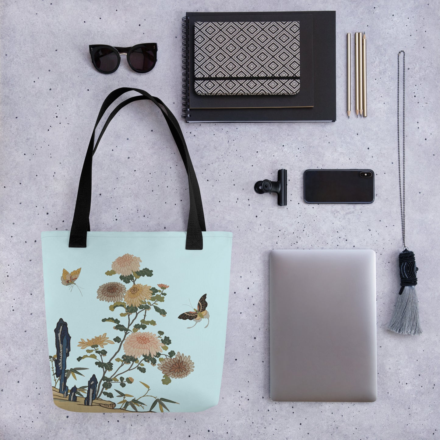 Kesi Flower Album｜Chrysanthemums and Butterflies｜Tote bag｜Aqua blue