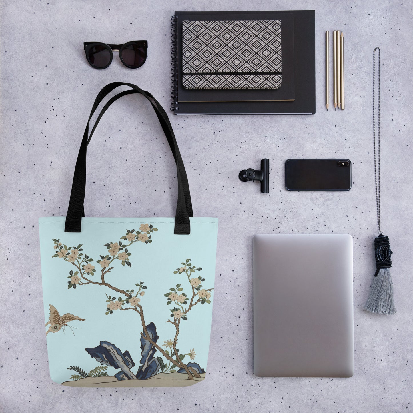 Kesi Flower Album｜White Plum Blossoms and Butterfly｜Tote bag｜Aqua blue