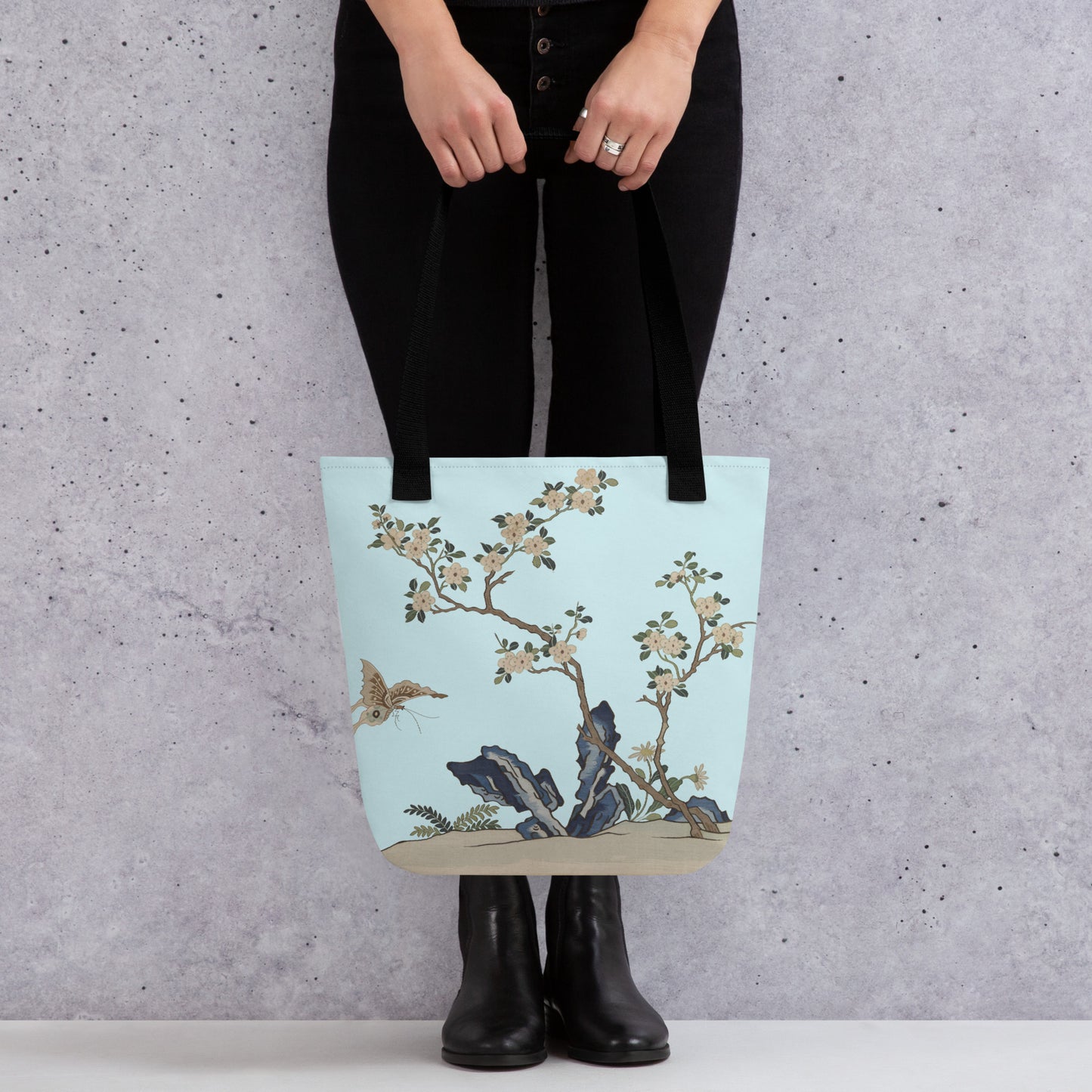 Kesi Flower Album｜White Plum Blossoms and Butterfly｜Tote bag｜Aqua blue