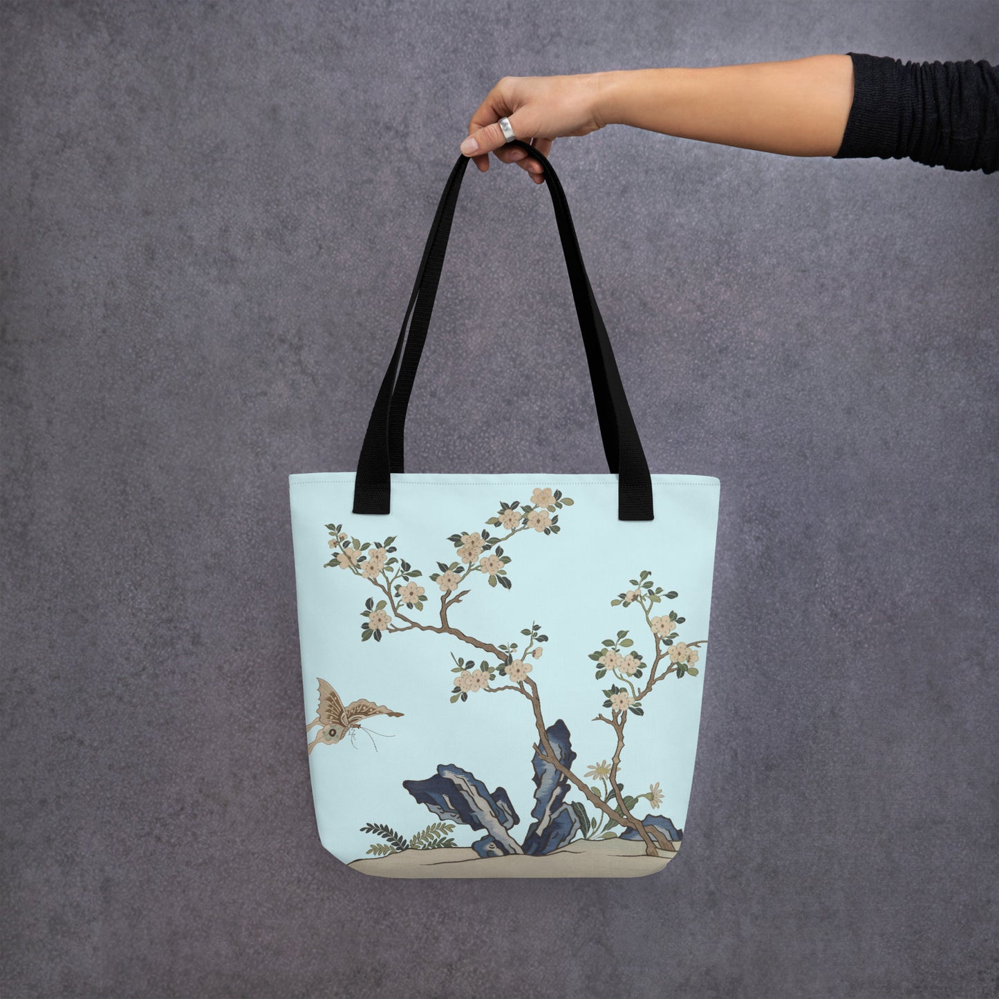 Kesi Flower Album｜White Plum Blossoms and Butterfly｜Tote bag｜Aqua blue