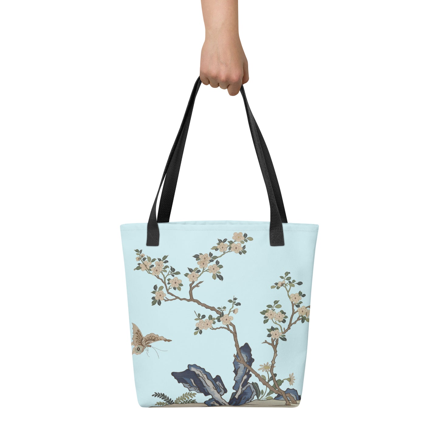 Kesi Flower Album｜White Plum Blossoms and Butterfly｜Tote bag｜Aqua blue