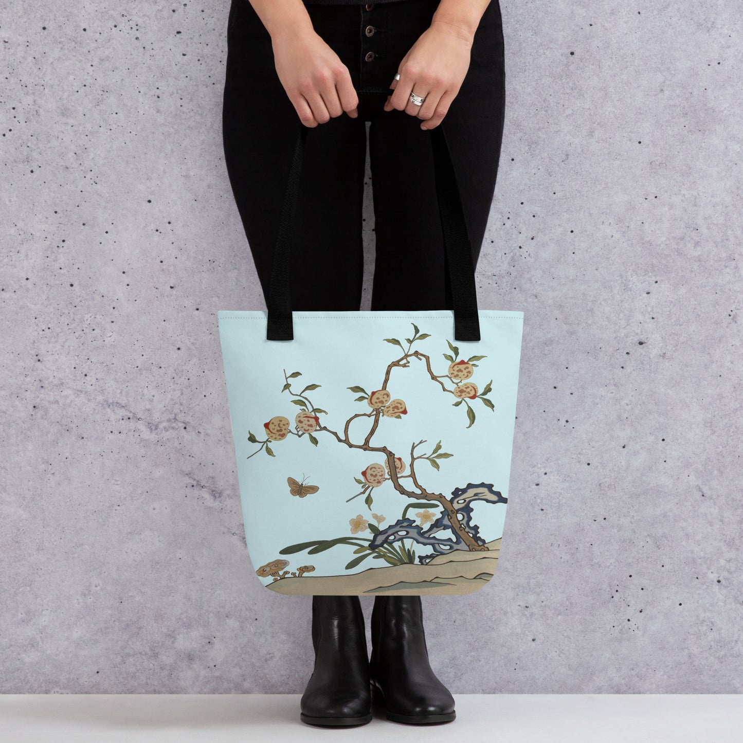 Kesi Flower Album｜Narcissus and Peaches｜Tote bag｜Aqua blue