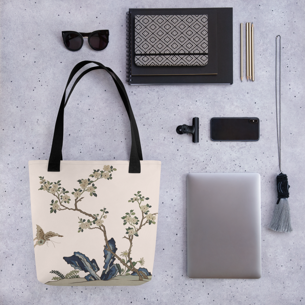 Kesi Flower Album｜White Plum Blossoms and Butterfly｜Tote bag｜Fish belly white