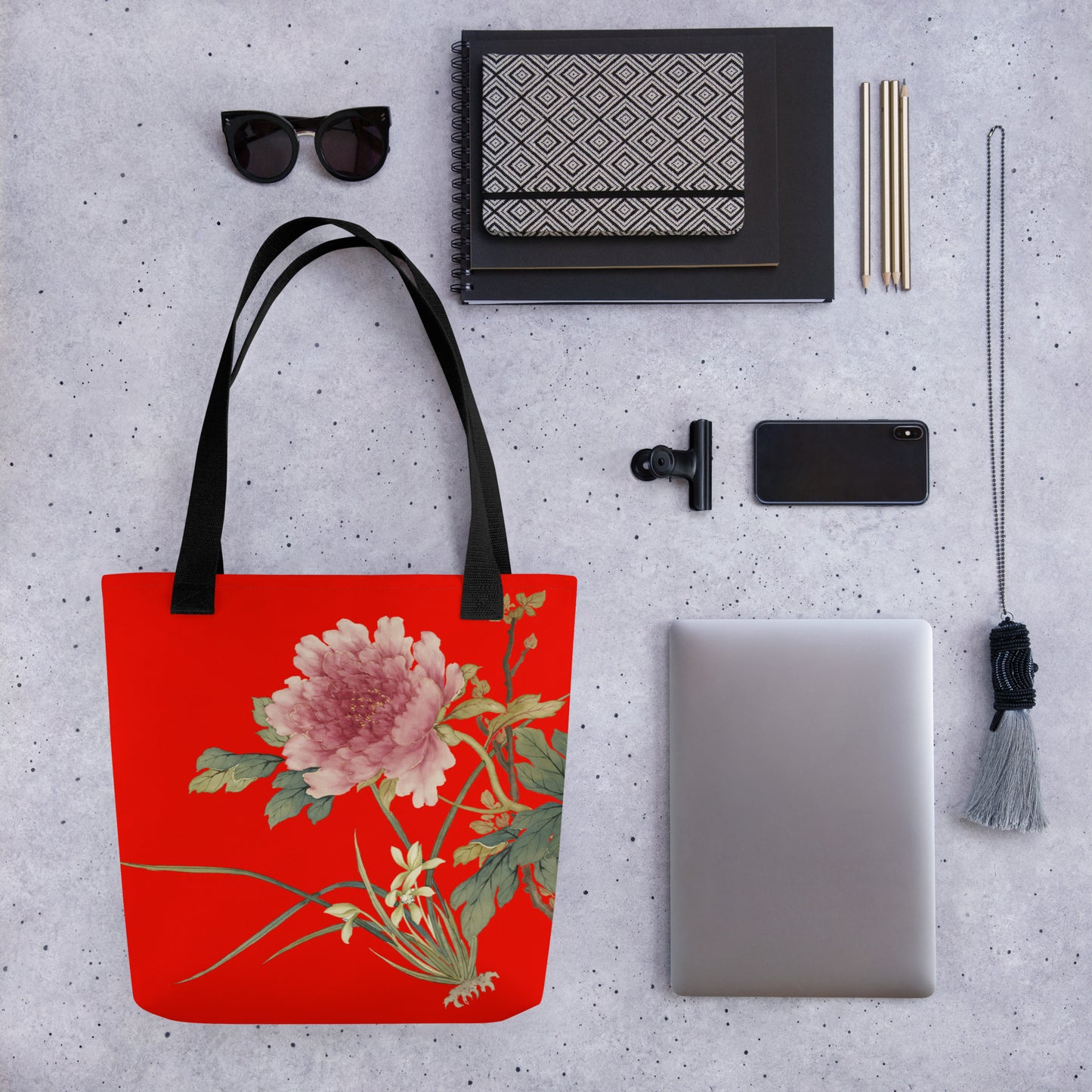 The Spirit of Flowers in Twelve Months｜Orchid and Tree Peony in Bloom｜Tote bag｜Garnet red