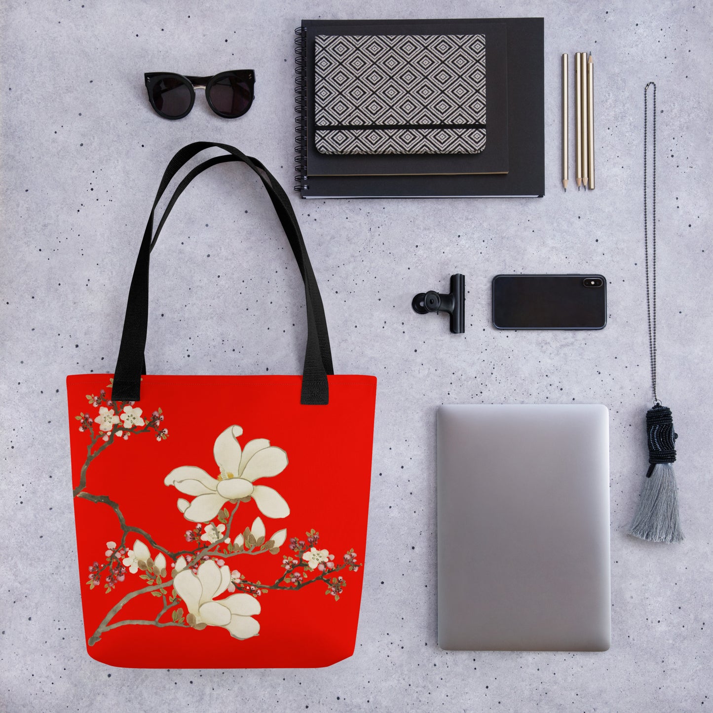 The Spirit of Flowers in Twelve Months｜Apricot and Lily Magnolia in Blossom｜Tote bag｜Garnet red