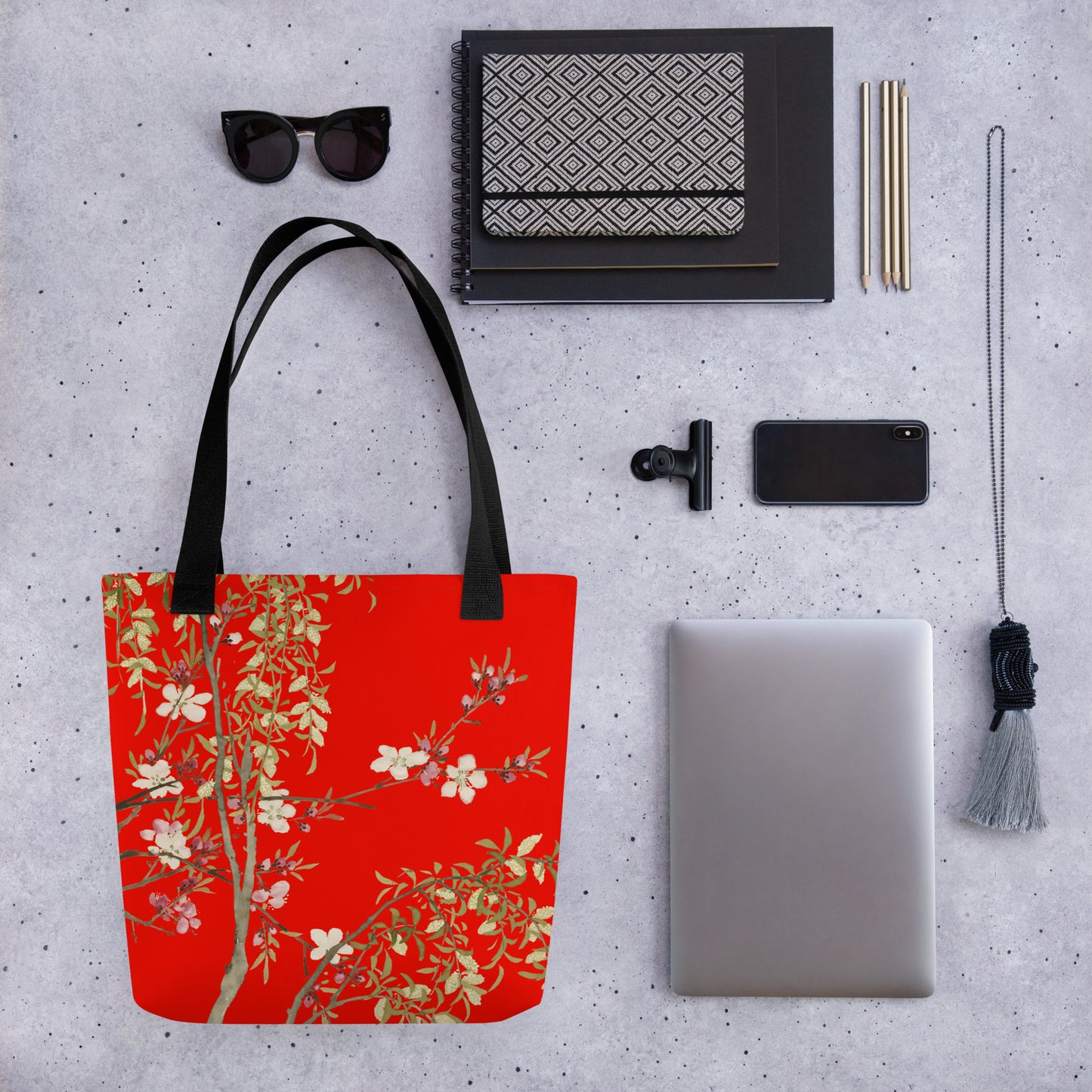 The Spirit of Flowers in Twelve Months｜Willow and Peach Blossom｜Tote bag｜Garnet red