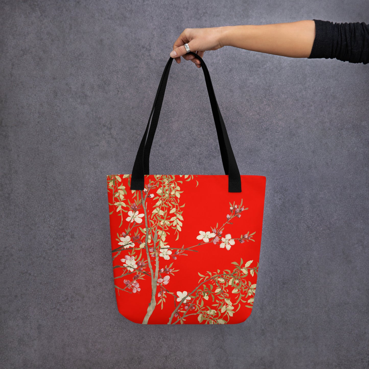 The Spirit of Flowers in Twelve Months｜Willow and Peach Blossom｜Tote bag｜Garnet red