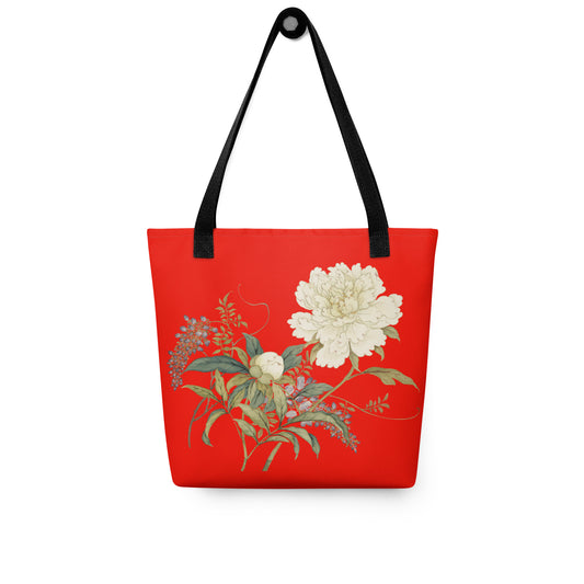 The Spirit of Flowers in Twelve Months｜Chinese Peony and Wisteria in Bloom｜Tote bag｜Garnet red