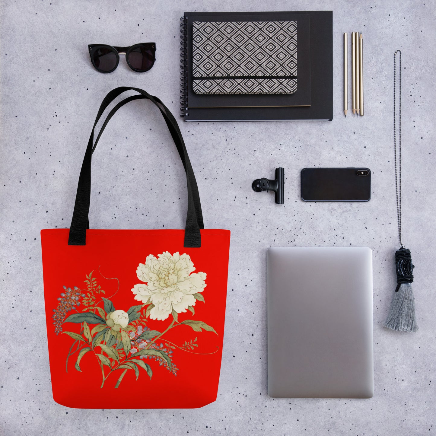 The Spirit of Flowers in Twelve Months｜Chinese Peony and Wisteria in Bloom｜Tote bag｜Garnet red