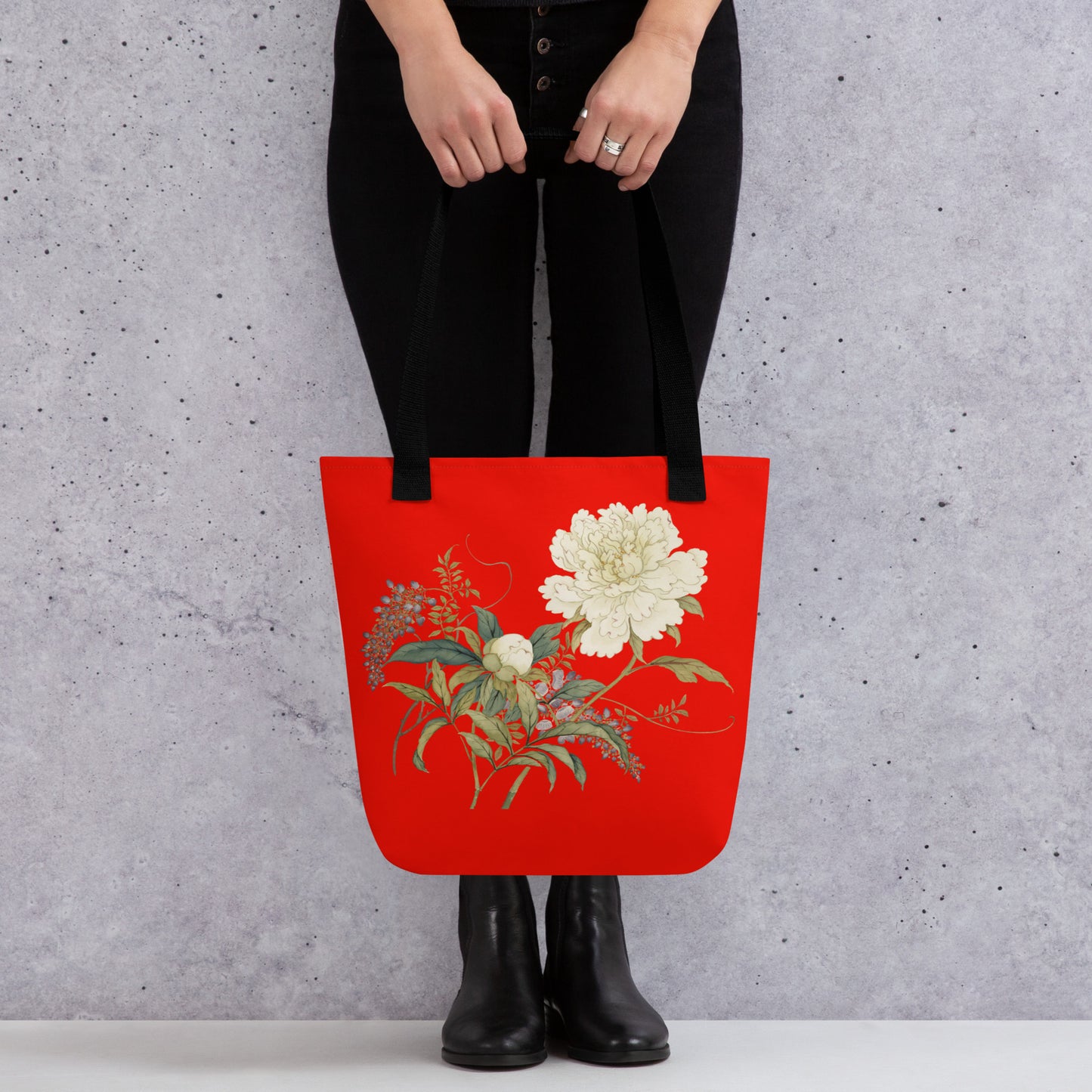 The Spirit of Flowers in Twelve Months｜Chinese Peony and Wisteria in Bloom｜Tote bag｜Garnet red