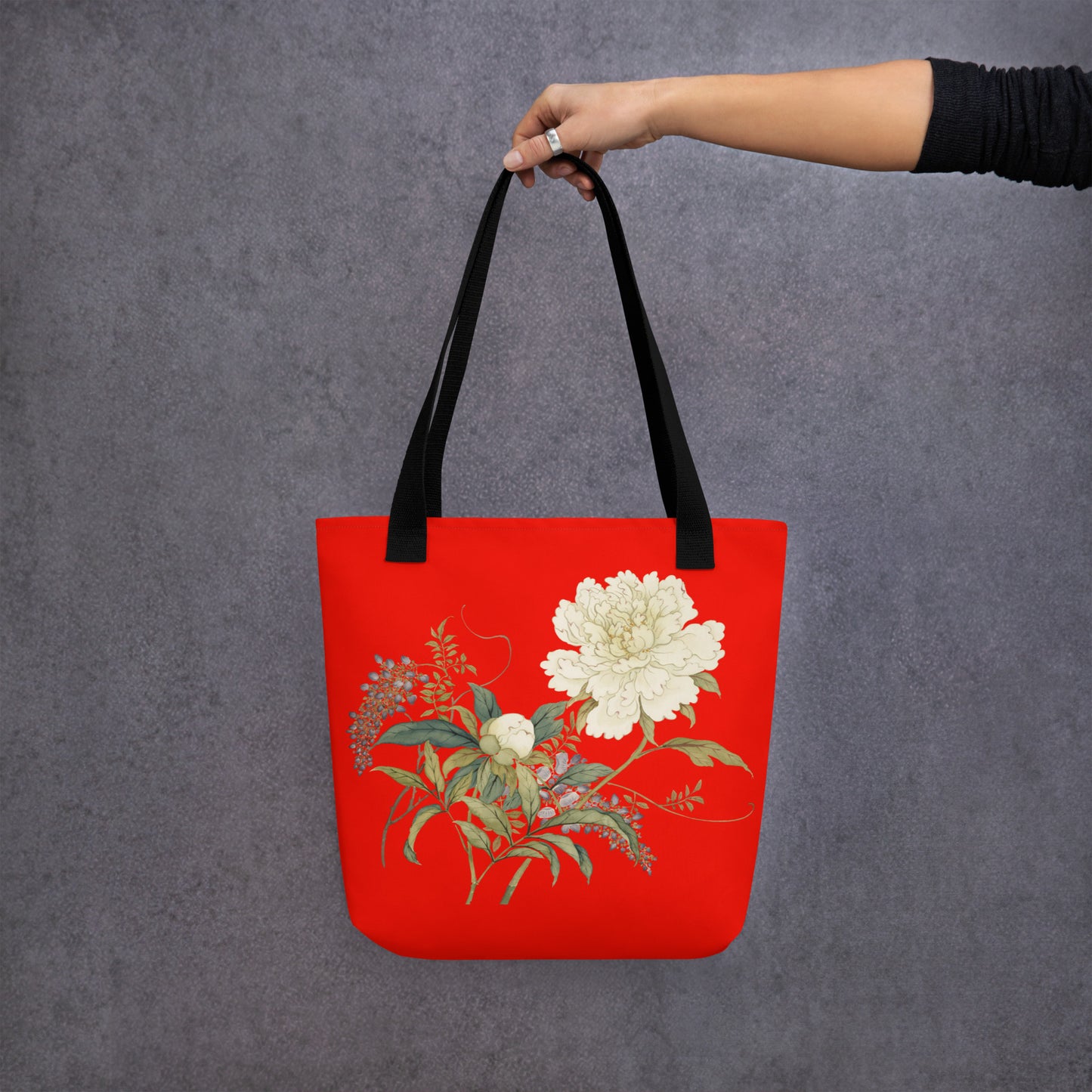 The Spirit of Flowers in Twelve Months｜Chinese Peony and Wisteria in Bloom｜Tote bag｜Garnet red