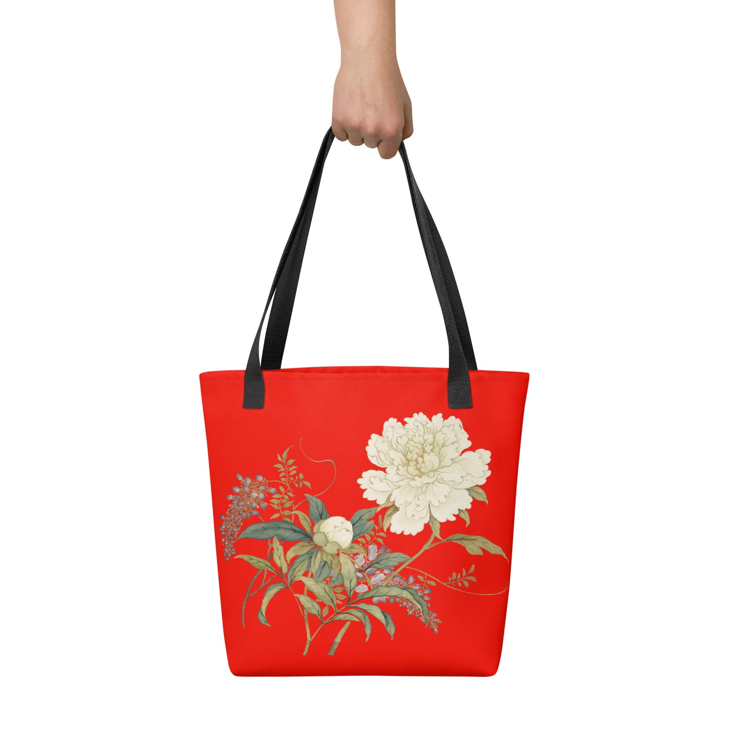 The Spirit of Flowers in Twelve Months｜Chinese Peony and Wisteria in Bloom｜Tote bag｜Garnet red