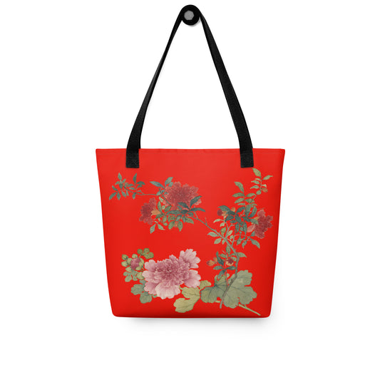 The Spirit of Flowers in Twelve Months｜Hollyhock and Pomegranate in Bloom｜Tote bag｜Garnet red