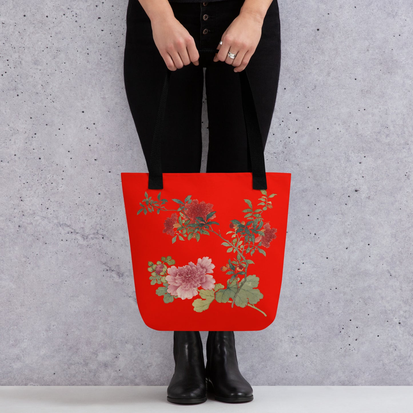 The Spirit of Flowers in Twelve Months｜Hollyhock and Pomegranate in Bloom｜Tote bag｜Garnet red