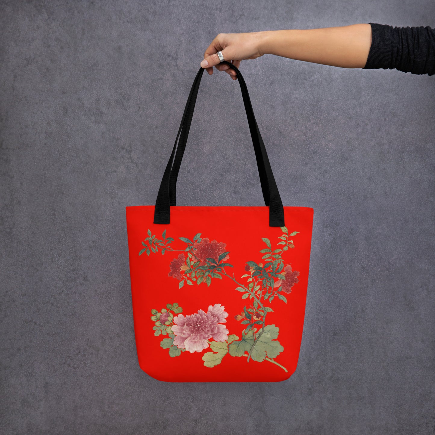 The Spirit of Flowers in Twelve Months｜Hollyhock and Pomegranate in Bloom｜Tote bag｜Garnet red