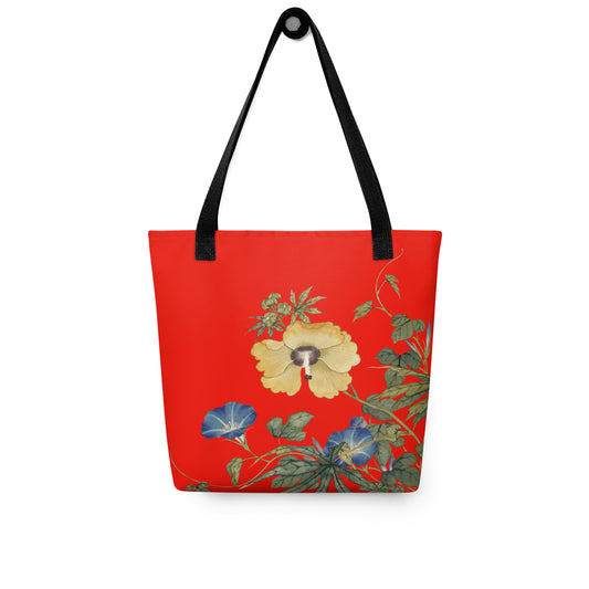 The Spirit of Flowers in Twelve Months｜Okra and White-edged Morning Glory in Bloom｜Tote bag｜Garnet red