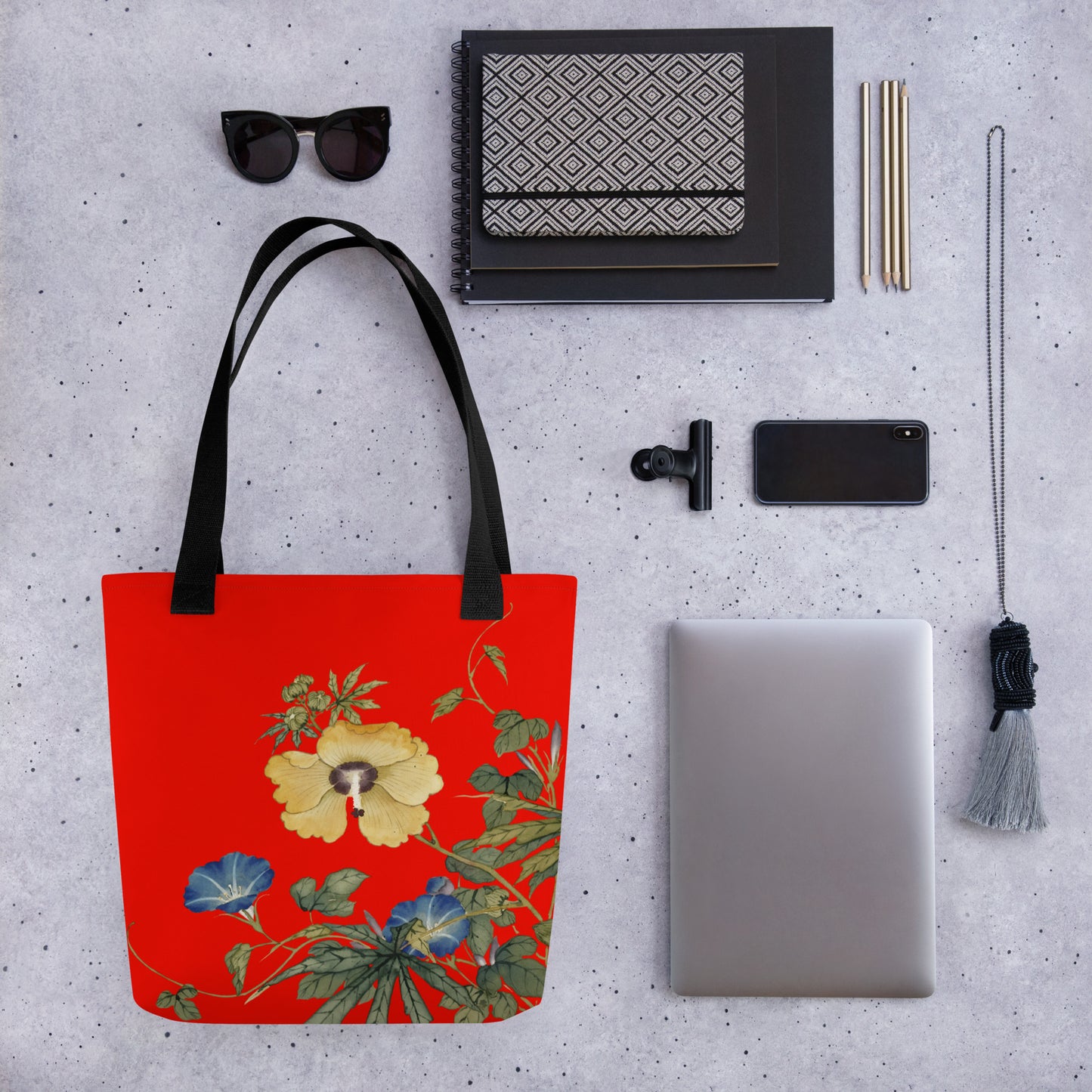 The Spirit of Flowers in Twelve Months｜Okra and White-edged Morning Glory in Bloom｜Tote bag｜Garnet red