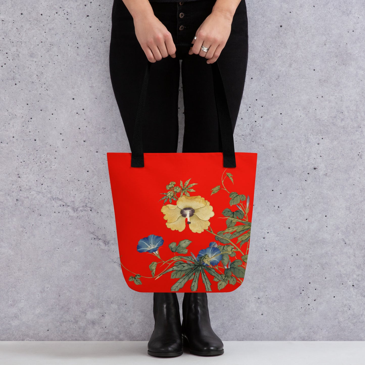 The Spirit of Flowers in Twelve Months｜Okra and White-edged Morning Glory in Bloom｜Tote bag｜Garnet red