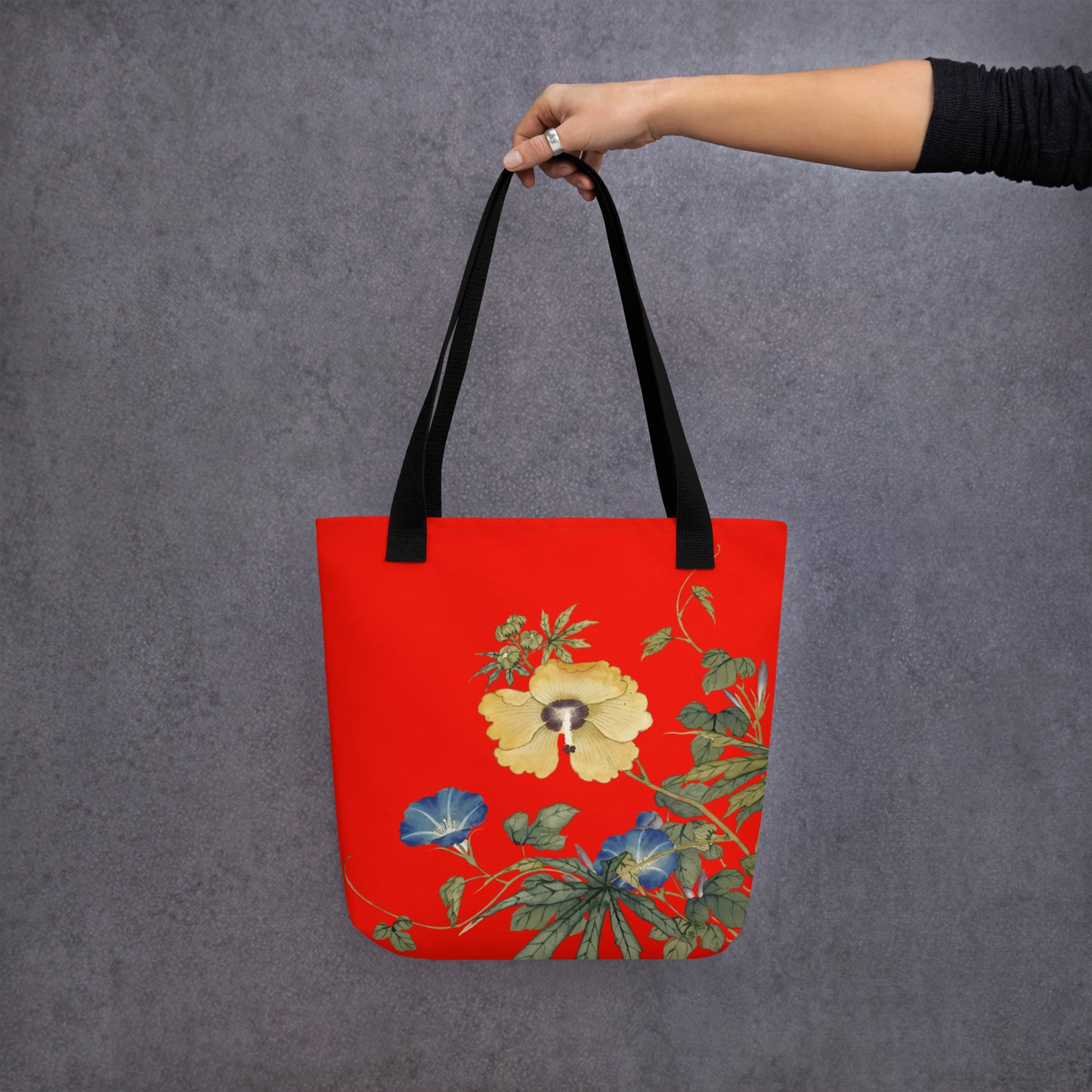 The Spirit of Flowers in Twelve Months｜Okra and White-edged Morning Glory in Bloom｜Tote bag｜Garnet red