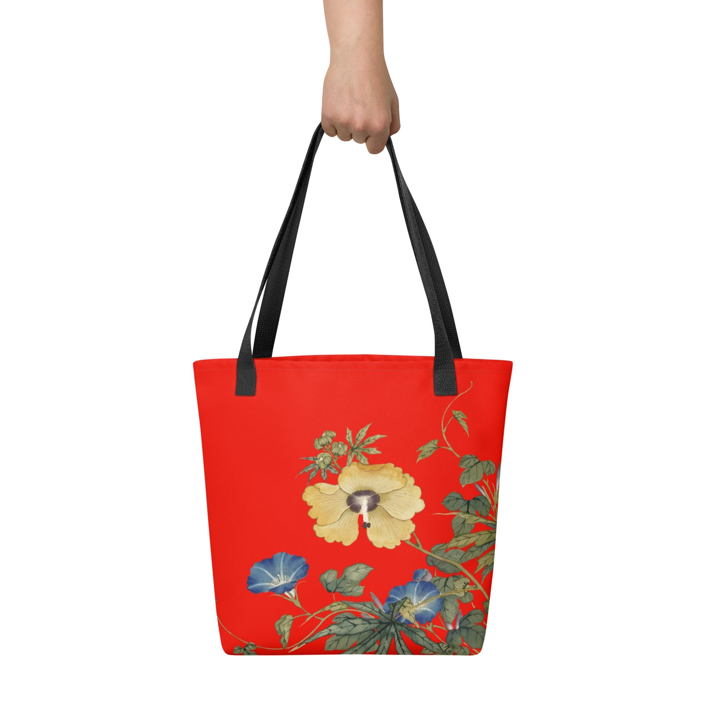 The Spirit of Flowers in Twelve Months｜Okra and White-edged Morning Glory in Bloom｜Tote bag｜Garnet red