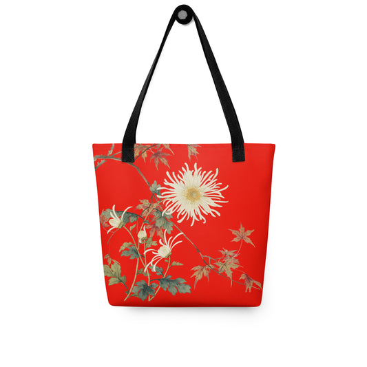 The Spirit of Flowers in Twelve Months｜Blooming Chrysanthemum and Maple Leaves｜Tote bag｜Garnet red