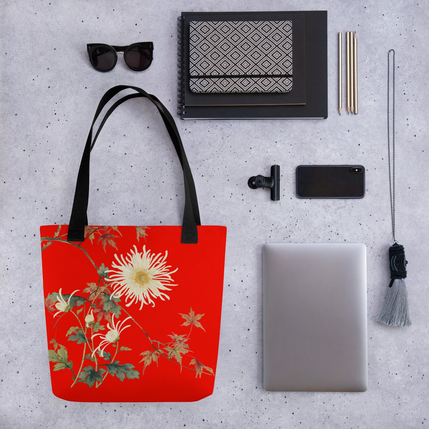 The Spirit of Flowers in Twelve Months｜Blooming Chrysanthemum and Maple Leaves｜Tote bag｜Garnet red