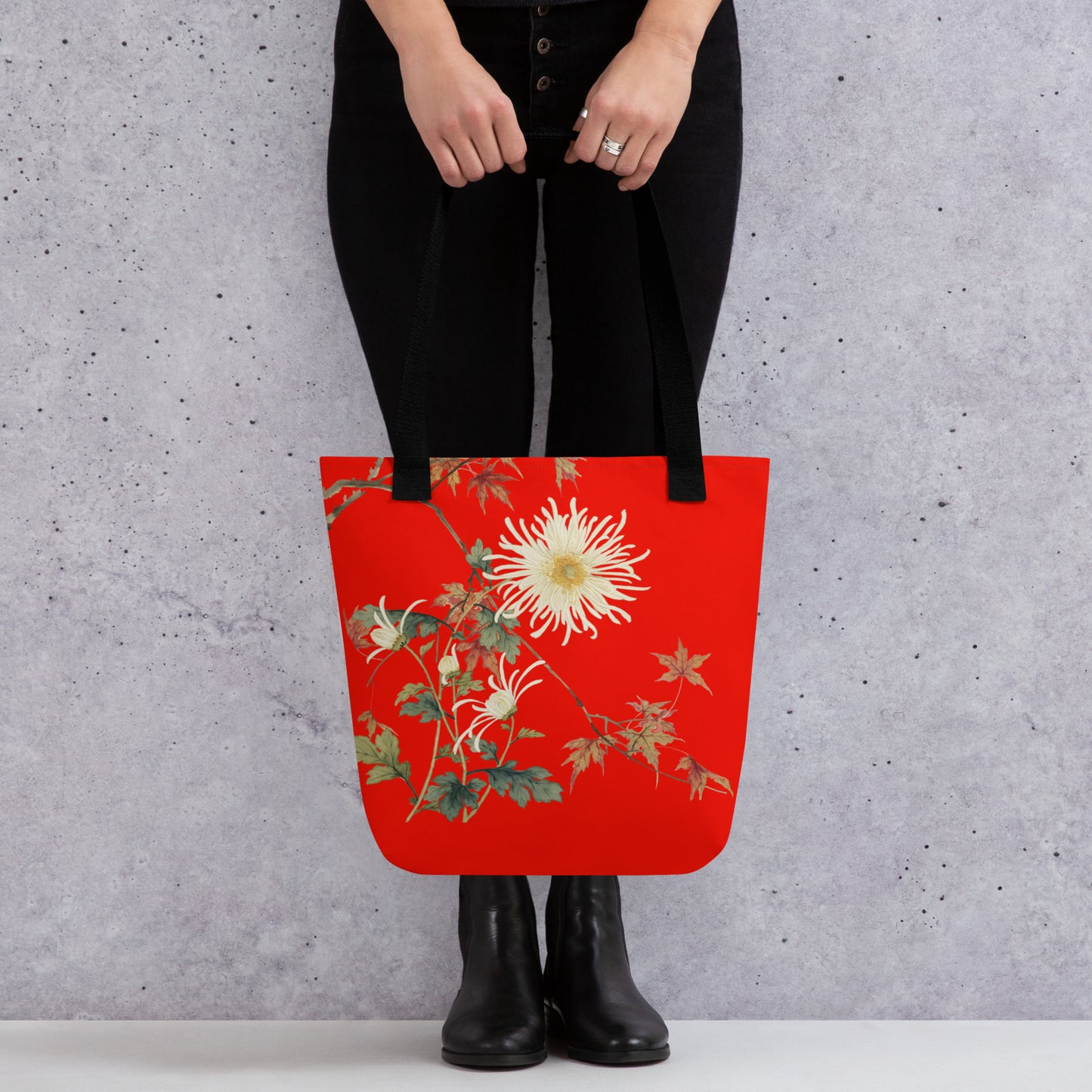 The Spirit of Flowers in Twelve Months｜Blooming Chrysanthemum and Maple Leaves｜Tote bag｜Garnet red