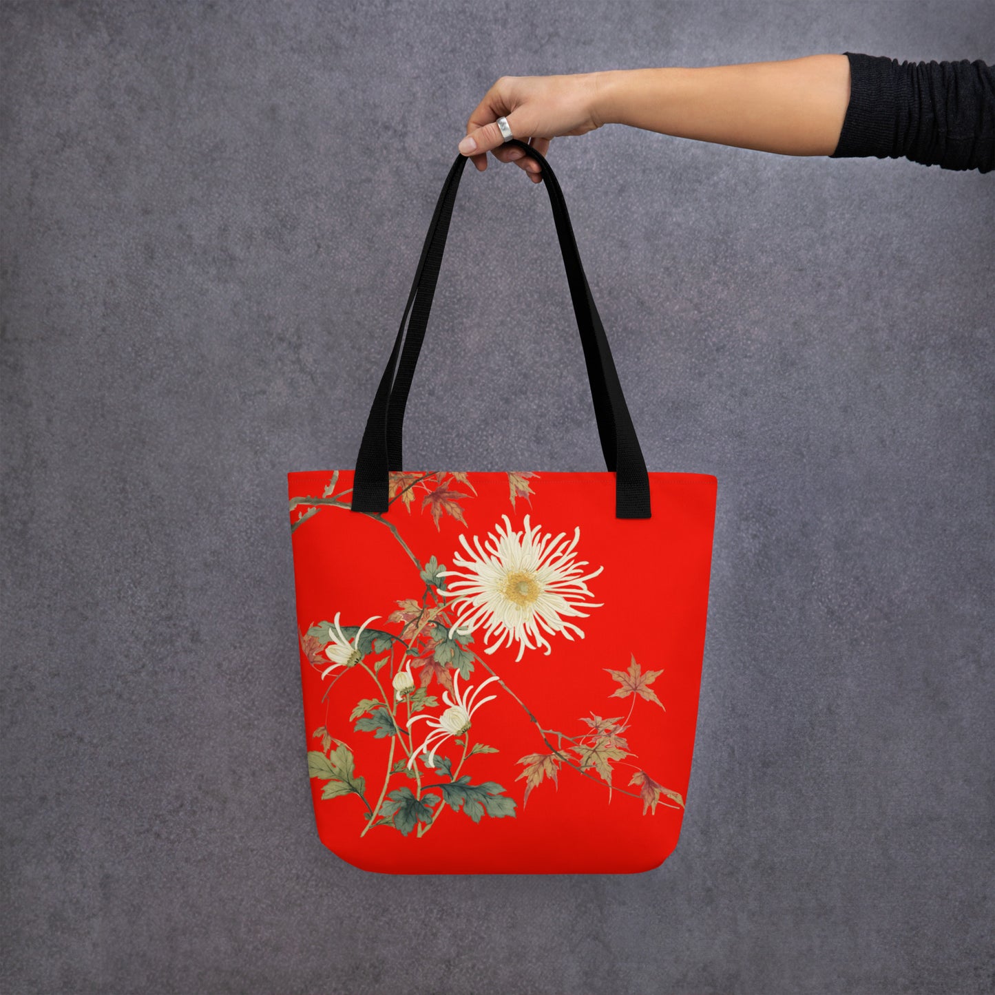 The Spirit of Flowers in Twelve Months｜Blooming Chrysanthemum and Maple Leaves｜Tote bag｜Garnet red