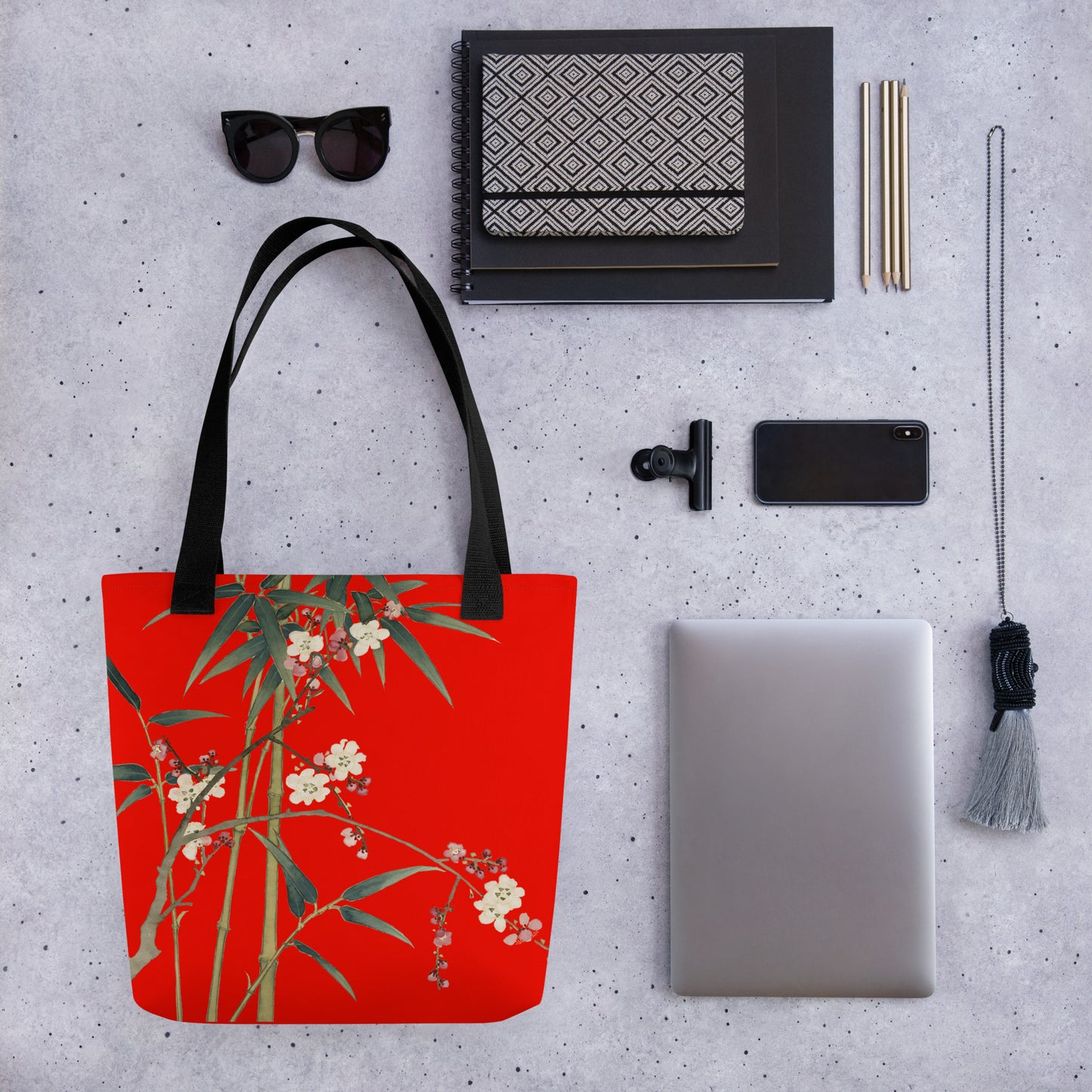 The Spirit of Flowers in Twelve Months｜Crimson Plum Blossom and Lush Green Bamboo｜Tote bag｜Garnet red