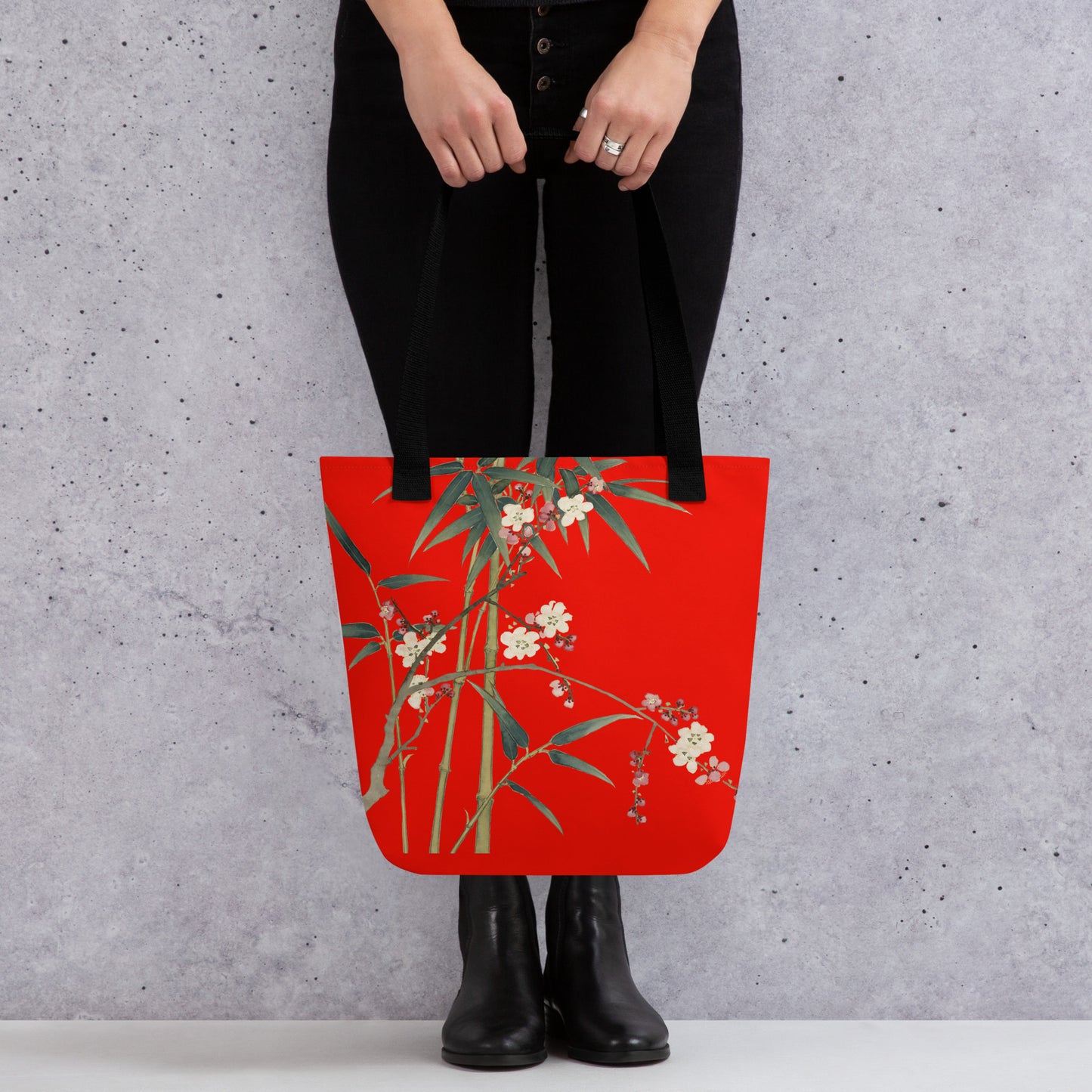 The Spirit of Flowers in Twelve Months｜Crimson Plum Blossom and Lush Green Bamboo｜Tote bag｜Garnet red