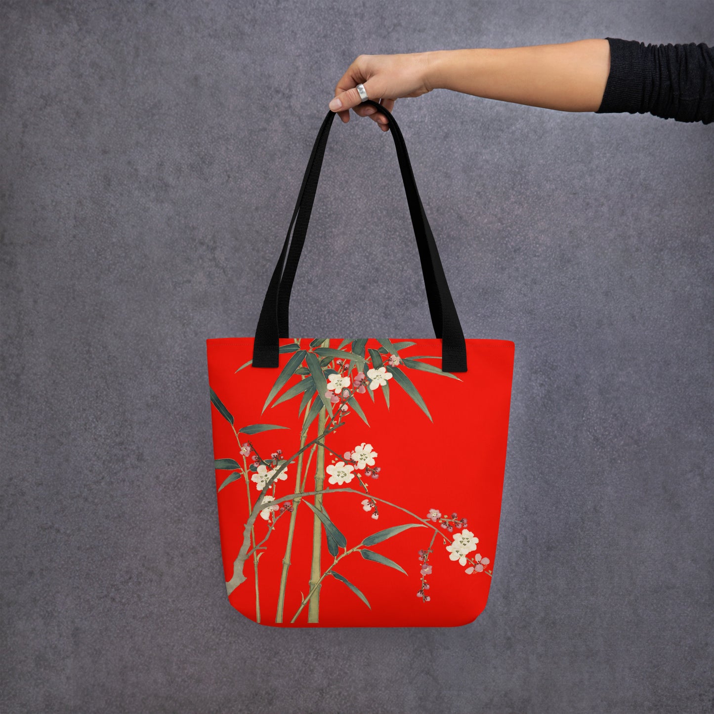 The Spirit of Flowers in Twelve Months｜Crimson Plum Blossom and Lush Green Bamboo｜Tote bag｜Garnet red