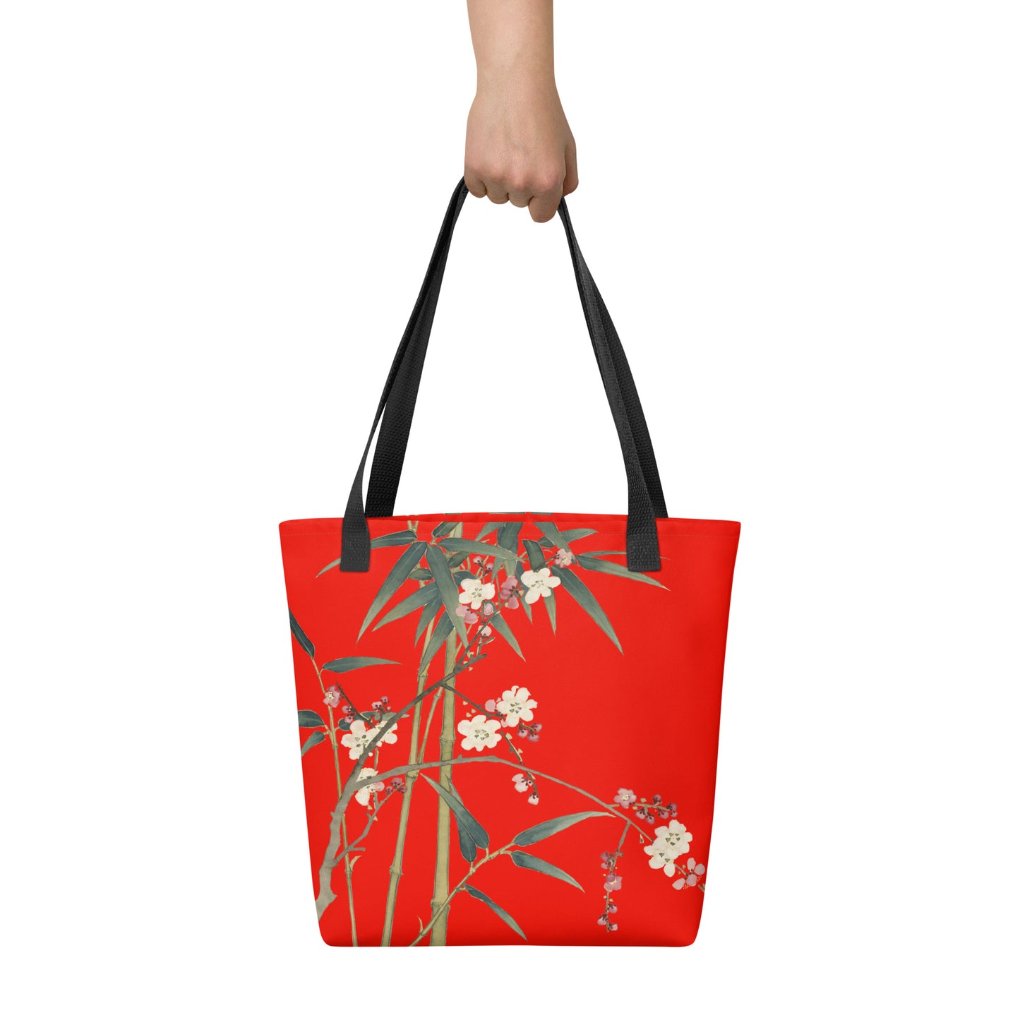 The Spirit of Flowers in Twelve Months｜Crimson Plum Blossom and Lush Green Bamboo｜Tote bag｜Garnet red