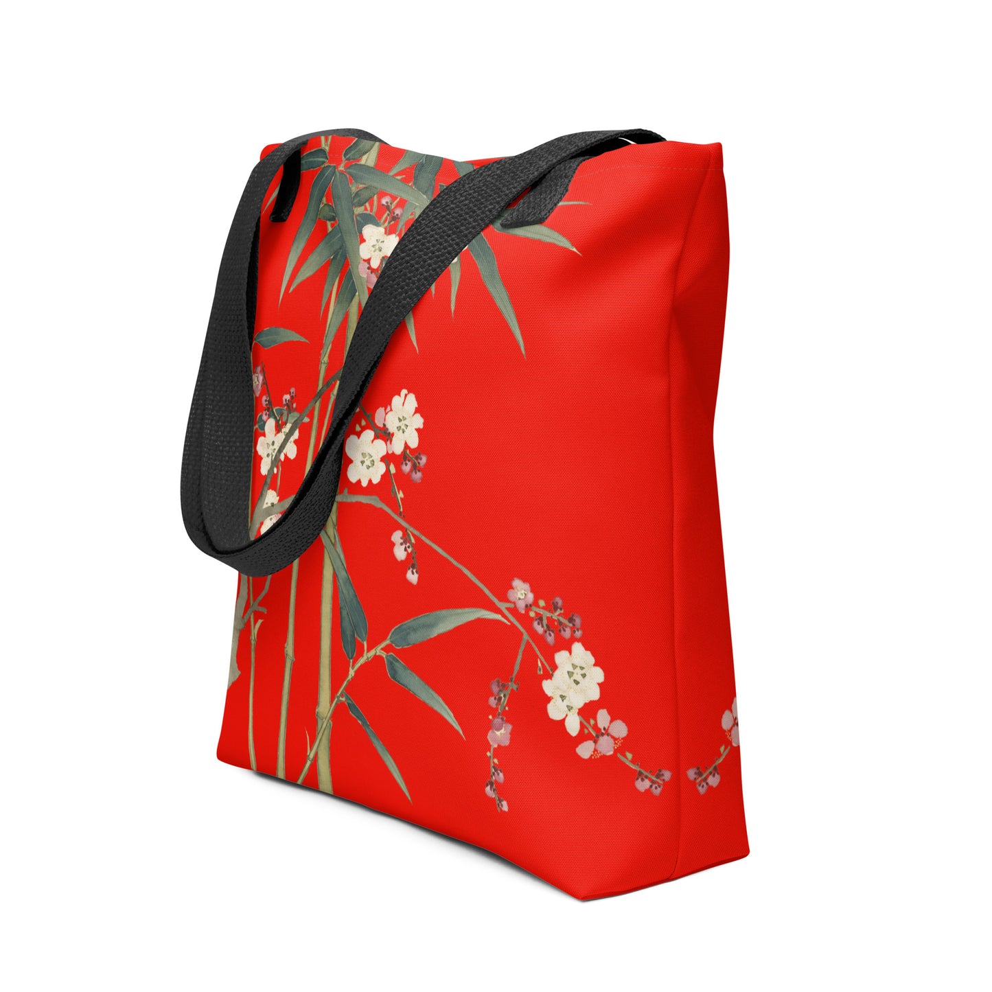 The Spirit of Flowers in Twelve Months｜Crimson Plum Blossom and Lush Green Bamboo｜Tote bag｜Garnet red