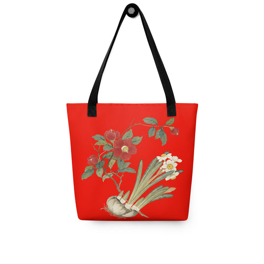 The Spirit of Flowers in Twelve Months｜Narcissus and Camelia in Bloom｜Tote bag｜Garnet red